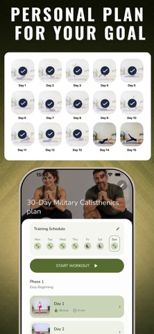Military Calisthenics app showing a personal 30-day plan for women and men